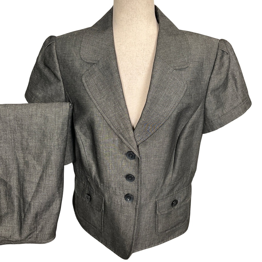 Tahari ASL Skirt Suit Womens 14 Gray Linen‎ Metallic Short Sleeve Office